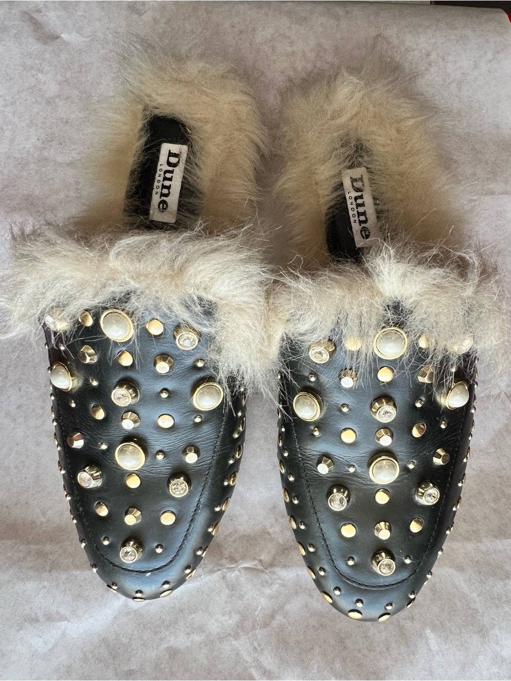 Dune London Black Studded Faux-Fur Trim Mules